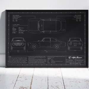 1965 Alfa Romeo Giulia Sprint GTA Blueprint Car Poster, Sports Car, Wall Decor, Wall Art, Exclusive Print