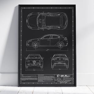 2010-2016 Alfa Romeo Giulietta QV Blueprint Car Poster, Sports Car, Wall Decor, Wall Art, Exclusive Print