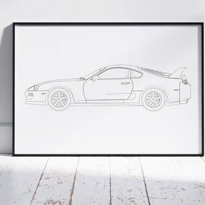 Op de afbeelding: Een zwart-witte lijntekening in een lijst van een sportwagen. De auto is in profiel afgebeeld, met zijn strakke ontwerp, spoiler en wielen. Het kunstwerk staat tegen een witte achtergrond, wat een minimalistische uitstraling creëert.