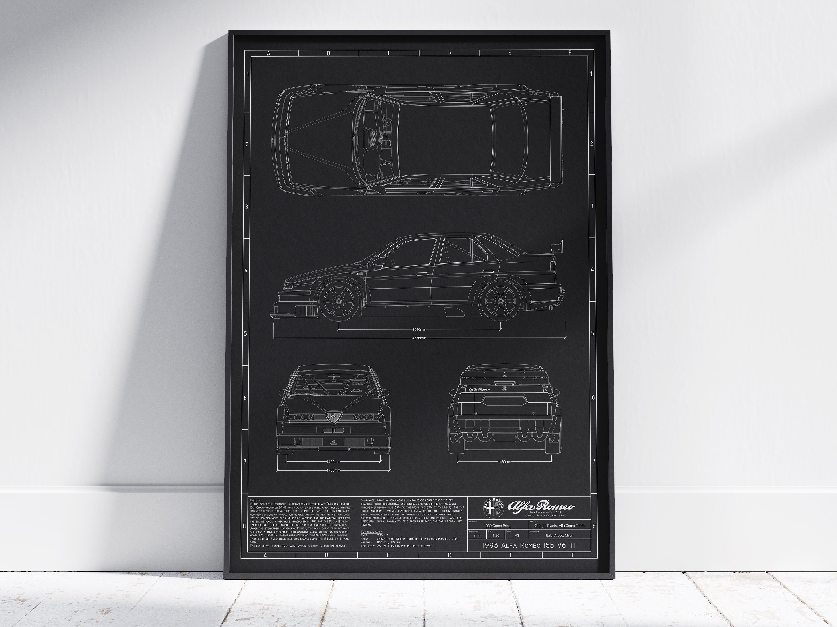 1993 Alfa Romeo 155 V6 Ti DTM Blueprint Poster, Race Car, Wall Decor, Wall Art, Exclusive Print