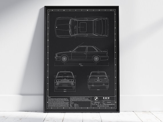 BMW M3 E30 1986-1991 Blueprint Car Poster, Sports Car, Wall Decor