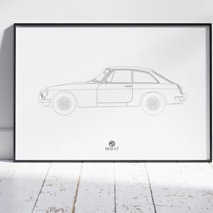 Peut inclure: Un dessin au trait noir et blanc d'une voiture MG B GT. Le dessin est encadré dans un cadre noir et porte le texte "MG B GT" sous la voiture.