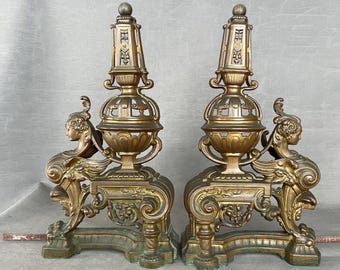 Pair of 19th-century French andiels, in bronze with female figures