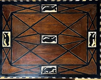 Antique and original board with marquetry mythological theme, possibly pastoral art