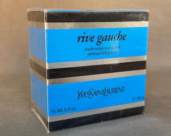 Pó de banho vintage Rive Gauche da Yves Saint Laurent, 150 g, lacrado, década de 1980.