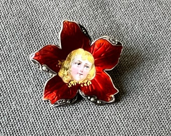 Art nouveau enamel  Young Lady Brooch  , Silver .  Broche modernista de plata  , miniatura