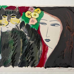Walasse Ting, Composition with woman and cat, lithograph from 1985, signed