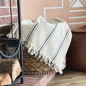 Cotton Herringbone Throw Blanket: Cream with Black Stripes, Tasseled Edges, Fall Decor, Home Decor