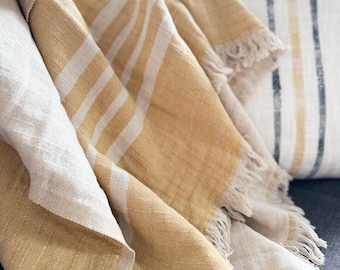 Manta de lino y algodón: diseño de espiga color crema con rayas negras