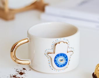 24k Gold Hamsa Handgemachte Keramik Einzigartiges Geschenk, Geschenkidee Kaffeetasse, Teetasse, Geschenkideen glücklicher Muttertag