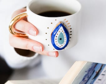 24k Gold Evil Eye Kaffeetasse: Handgemachte Keramik Geschenk