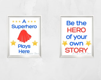 Superhero Wall Art Set of 2 – Printable Kids Room Decor | Bright Playroom Nursery Art Digital Download 8×10