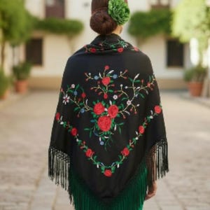 Black Spanish flamenco shawl. Green and red floral embroidery. New