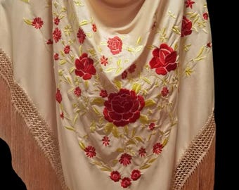XXL toffee-colored Spanish flamenco shawl. Red and gold floral embroidery. New.
