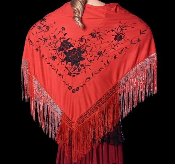 赤いスペイン製フラメンコショール。黒の花柄刺繍。新品。 - Etsy 日本