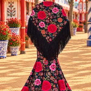 May include: A black floor-length dress featuring a vibrant floral pattern with large pink and red roses, accompanied by a matching black triangular shawl with long fringe and a floral print, worn with red flower hair accessories.