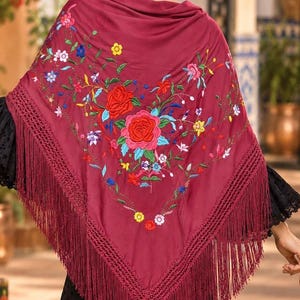 XXL Spanish shawl in a dusty rose garnet color, with beautiful embroidery. Flamenco attire.