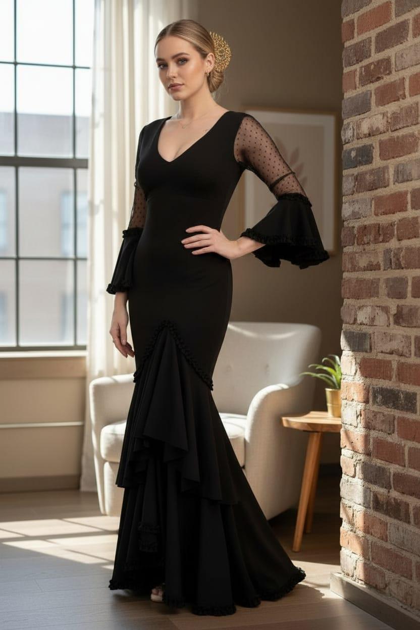 Elegant Black Flamenco Dress With Lace Sleeves for Dancing and Andalusian  Parties. - Etsy