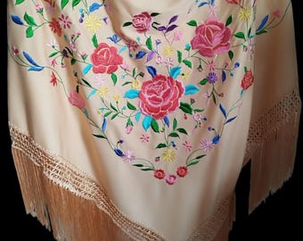 Spanish flamenco shawl in toffee color with multi-colored floral embroidery. New.