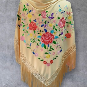 Toffee-colored Spanish flamenco shawl. Multicolored floral embroidery. New.