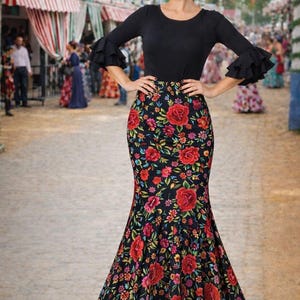 Flamenco rok met rode zoom (geplooide rok), model Andlaucia, diverse prints om uit te kiezen. Nieuw.