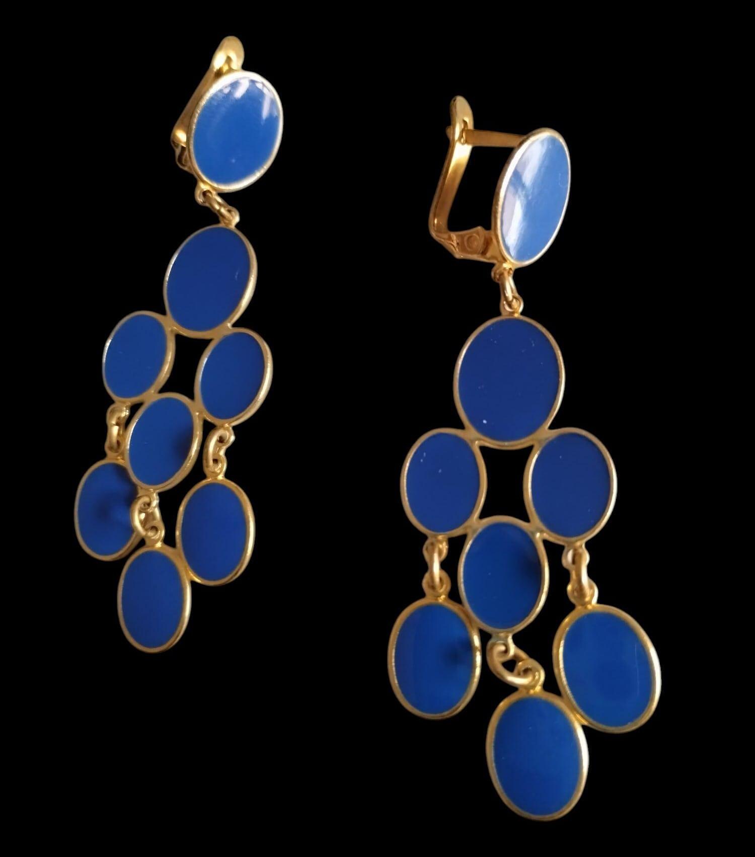 Long flamenco earrings. Gold and cobalt blue. New.