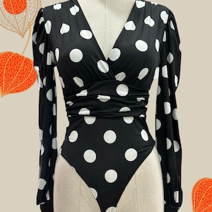 Flamenco Lycra bodysuit. Black with white polka dots. New.