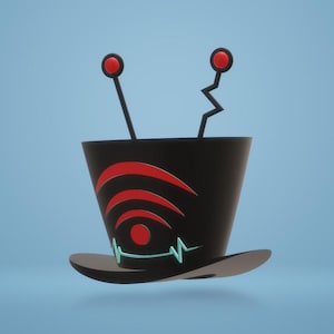 Puede incluir: Un sombrero de copa negro con un diseño de símbolo wifi rojo y blanco y dos antenas con esferas rojas. El sombrero tiene un ala ancha y un fondo azul claro.