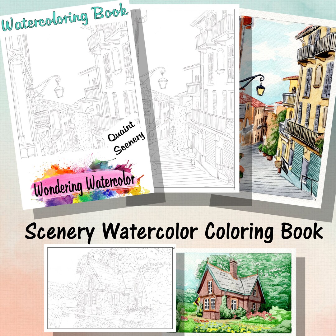 Watercolor Coloring Kit Paint Along Activity Book With Quaint Scenery