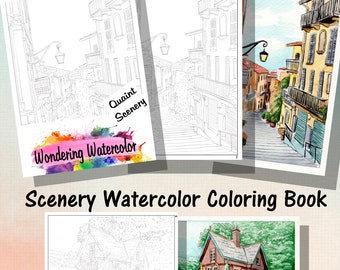 Watercolor Coloring Kit Paint along activity book with Quaint Scenery theme handmade coloring book for kids and adults great as a gift