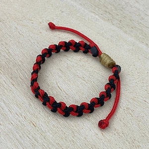 May include: A red and black braided bracelet with a gold clasp. The bracelet is made of two strands of cord that are woven together.