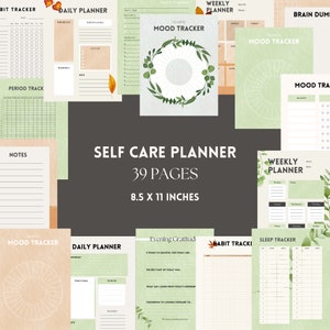 May include: A selection of printable self-care planner pages. The pages include daily, weekly, and monthly trackers for mood, habits, and sleep. The planner is 21.6 x 27.9 cm and has 39 pages. The text "SELF CARE PLANNER" is displayed prominently.