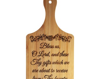 Grace Before Meals, Bless Us O Lord, Decorative Bamboo Cutting Board, 11&quot; x 5&quot; x 0.39&quot; | Engraved in the USA | Catholic Living