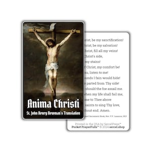 以下が含まれることがあります： 2つの祈りのカード。1つは「Anima Christi」と「St. John Henry Newman's Translation」のテキストが入った十字架上のイエスの絵が描かれています。もう1つのカードには祈りが印刷されています。