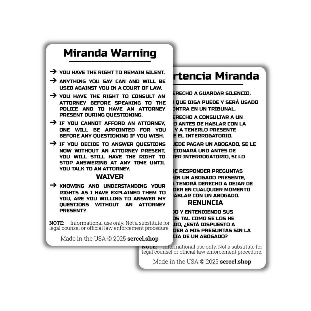 Miranda Script Examples Miranda Warning Bilingual English-spanish Wallet Card — Durable Plastic ...
