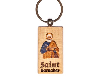Llavero de madera maciza de San Bernabé, coloreado a mano, grabado en EE. UU., católico.