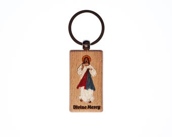 Divina Misericordia, Jesús, en ti confío, llavero de madera maciza coloreado a mano, grabado en EE. UU., católico.