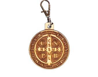 Saint Benedict Medal Engraved Wood Keychain with Clip for Keys, Backpack, Purse, or Bag, Made in the USA, Catholic