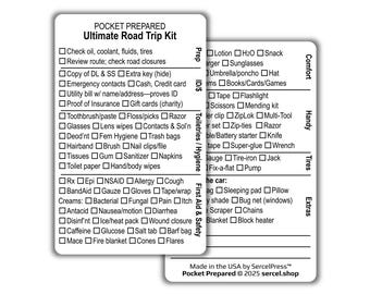 Ultimate Road Trip Wallet Card – Durable Travel Checklist Card – Roadside Emergency, Packing, Vehicle Prep – Pocket-Sized Plastic Card
