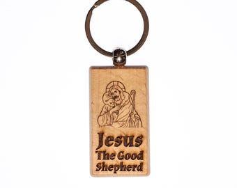 Llavero de madera maciza con la imagen de Jesús el Buen Pastor, grabado en EE. UU., católico.