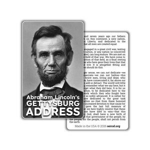 May include: A black and white card featuring a portrait of Abraham Lincoln, with the text "Abraham Lincoln's Gettysburg Address" in bold white letters. The reverse side displays the text of the Gettysburg Address.