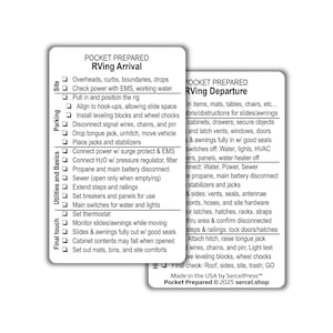 May include: Two white checklists titled "POCKET PREPARED RVing Arrival" and "POCKET PREPARED RVing Departure" with black text. The checklists detail steps for RV setup and departure, including utilities, parking, and final checks. The bottom of the image says "Made in the USA by SercelPress™ Pocket Prepared © 2025 sercel.shop."
