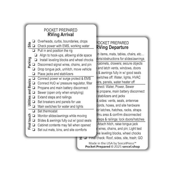 RV Setup & Departure Checklist Card – Waterproof Wallet-Sized RV Travel Prep Card – Camper Setup Reminder – Plastic Wallet Card