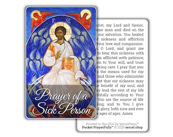 May include: A prayer card featuring a painting of Jesus Christ with a blue background and the text "Prayer of a Sick Person". The text on the card reads "Christ, my Lord and Savior, came man and died on the cross for our salvation. You healed us of sickness and affliction. Your love and compassion..."