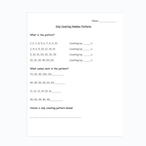 May include: A white worksheet titled "Skip Counting Number Patterns" with questions about number sequences. Includes fill-in-the-blank questions such as "What is the pattern?" and "What comes next in the pattern?"