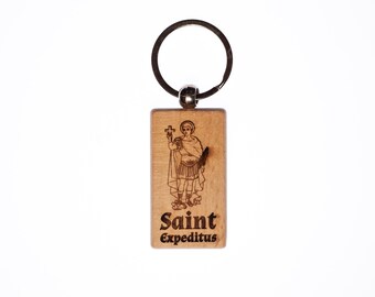 Llavero de madera maciza de San Expedito, grabado en EE. UU., católico.