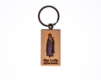 Our Lady of Sorrows, Hand-Colored, Solid Wood Keychain, Engraved in the USA, Catholic
