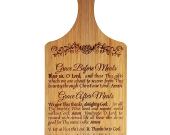 Grace Before & After Meals, Bless Us O Lord, Decorative Bamboo Cutting Board, 11&quot; x 5&quot; x 0.39&quot; | Engraved in the USA | Catholic Living