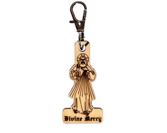 Llavero de madera grabado con la Divina Misericordia y clip para llaves, mochila, bolso o cartera. Hecho en EE. UU., católico.