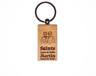 Llavero de madera maciza de los Santos Luis y Celia Martin, padres de Santa Teresa, grabado en EE. UU., católico.